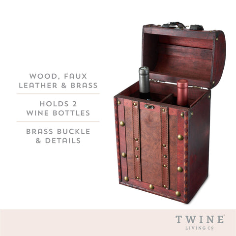 2-Bottle Antique Wood Wine Trunk with Faux Leather Handle - Twine