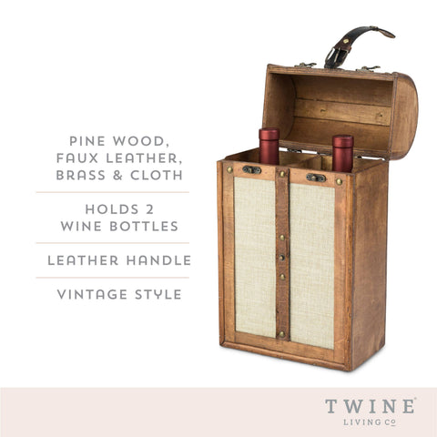 2-Bottle Vintage Wood Wine Trunk with Faux Leather Handle - Twine