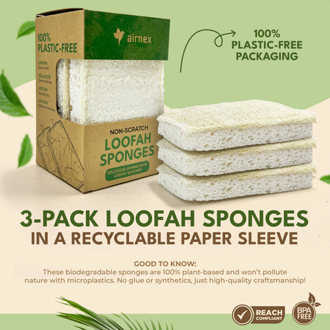 3 Pack Loofah Sponges, Kitchen Sponge with Zero Plastic - AIRNEX