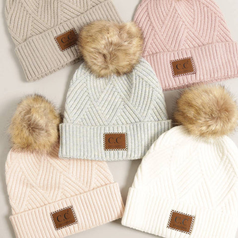 Warm Grey Heather Cuff Beanie with Pom-Pom - One Size - Fashion City