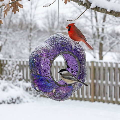 Purple Glass Flower Mosaic Fly-Through Hanging Bird Feeder, 10" - Sunnydaze Decor