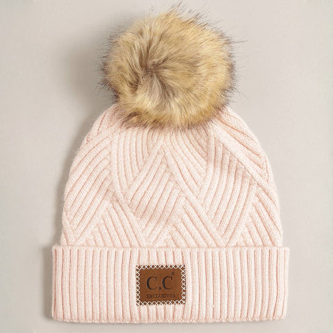 Warm Grey Heather Cuff Beanie with Pom-Pom - One Size - Fashion City
