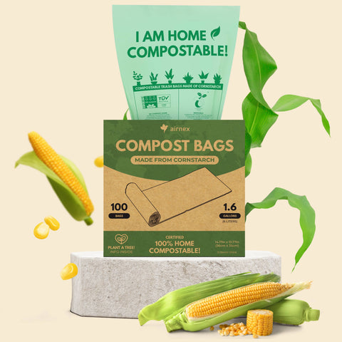 100 Compostable Trash Bags 1.6 Gal - Box of 100 Compost Bin Bags - AIRNEX