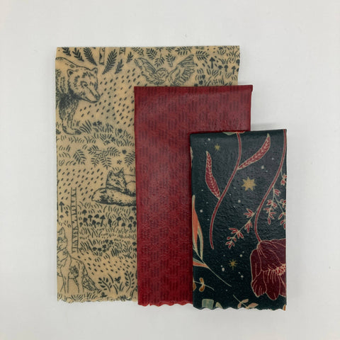 Beeswax Wraps, Wildwood, Starter Set of 3, 8"x8", 10"x10", 12"x12" - Shor