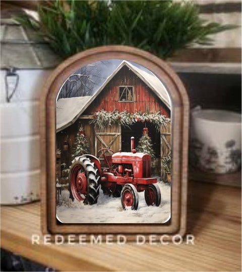 Red Tractor and Barn - 6x8in Arch Top Framed Art - Redeemed Decor