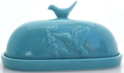 Hummingbird Butter Dish, Teal - JBK Pottery