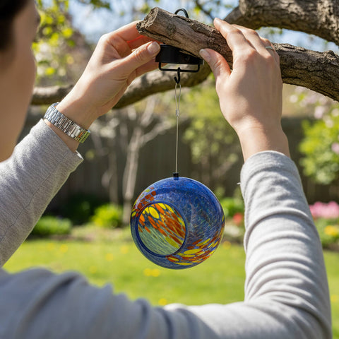Solar Light Glass Fly-Through Bird Feeder, Fire and Ice, 6" - Sunnydaze Decor