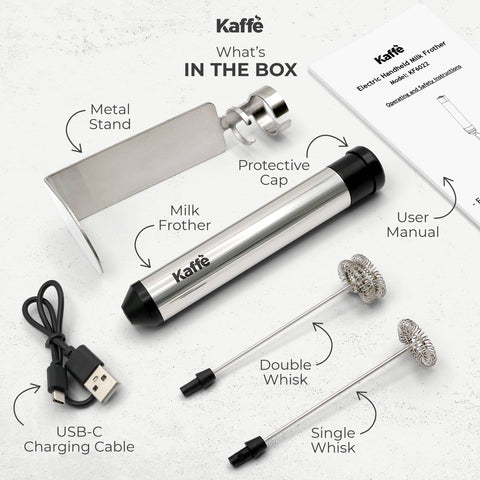 Handheld Milk Frother with Stand, USB Rechargeable, Stainless Steel - Kaffe