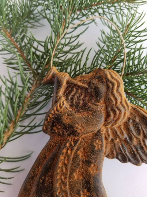 Trumpeting Angel Beeswax Ornament: Antiqued Cinnamon, 6"x4" - Farm and Hive