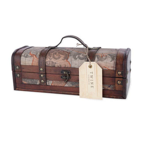1-Bottle Old World Wood Wine Trunk with Faux Leather Handle - Twine