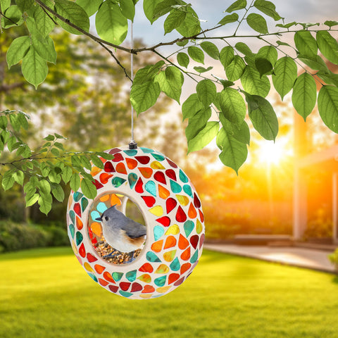 Glass Confetti Mosaic Fly-Through Hanging Bird Feeder, 6.5" - Sunnydaze Decor