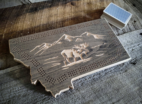 Cribbage Board: Montana Shaped with Moose - Knotty Pine Woodworks