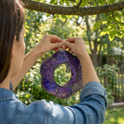 Purple Glass Flower Mosaic Fly-Through Hanging Bird Feeder, 10" - Sunnydaze Decor