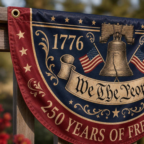 1776-2026, Liberty Bell, We The People: Semicircle Fence Flag, 24"x48"