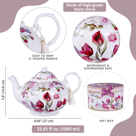 Tulips Bone China Teapot, 1.14 qt, in Gift Box
