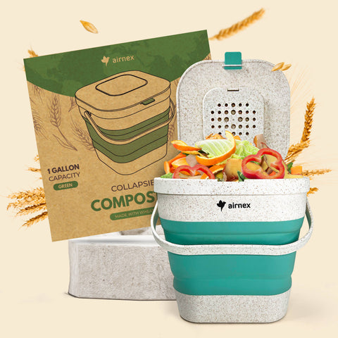 Home Composter Kit: Gray, Collapsible Kitchen Compost Bin, 1 Gallon - AIRNEX