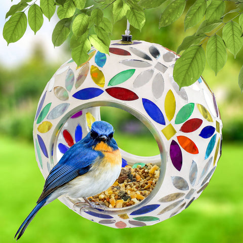 Rainbow Daisies Mosaic Fly-Through Hanging Bird Feeder, 6" - Sunnydaze Decor
