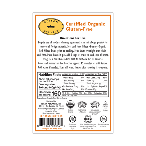 Organic Red Kidney Beans, 16 oz - Edison Grainery
