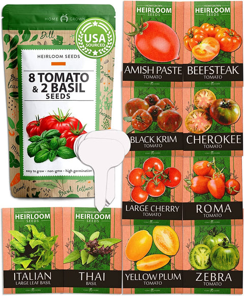 8 Tomato Seeds and 2 Basil Herb Seeds - Non GMO, Heirloom - Homegrown Garden