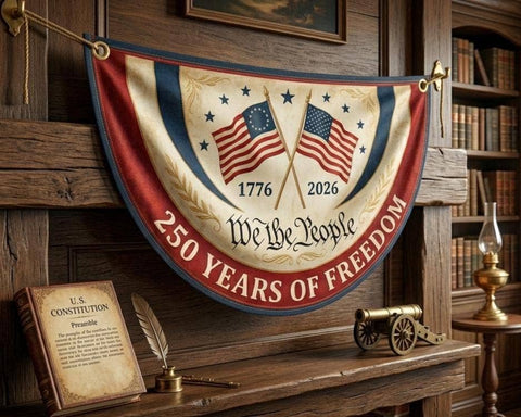1776-2026 with Crossed Flags, We The People: Semicircle Fence Flag, 24"x48"