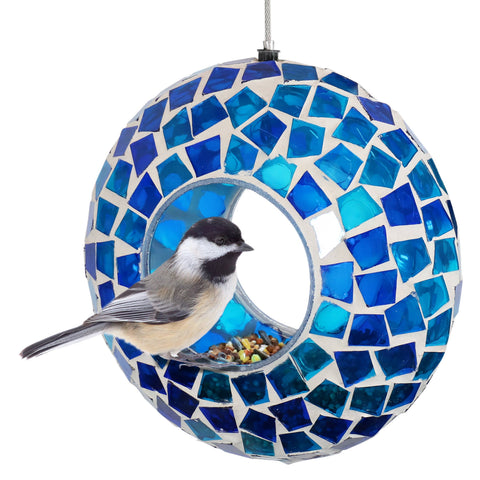 Blue Glass Mosaic Fly-Through Hanging Bird Feeder, 6.5" - Sunnydaze Decor
