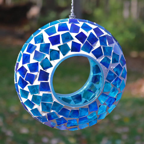 Blue Glass Mosaic Fly-Through Hanging Bird Feeder, 6.5" - Sunnydaze Decor