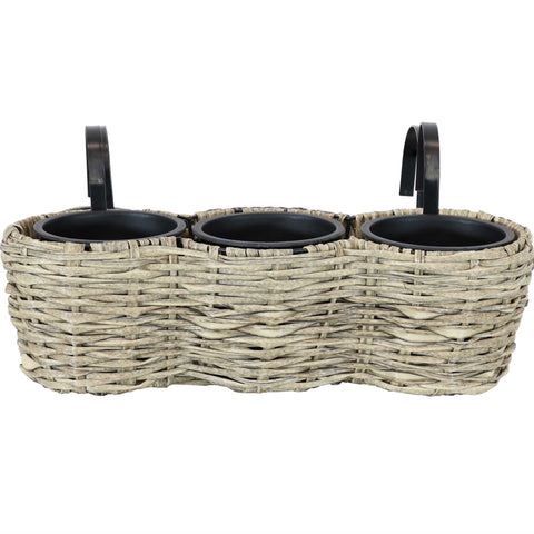 Round Polyrattan Over-the-Rail Tri-Planter, Frost - Sunnydaze Decor