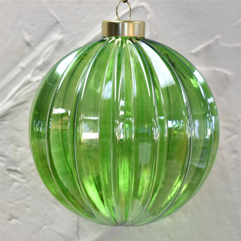 Iridescent Green Glass Ribbed Ball Ornament, 4in - David Christopher's Collection