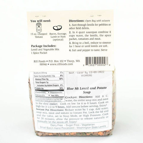 Blue Mt Lentil and Potato Soup Mix, Large, 11 oz, Serves 10 - Rill Foods