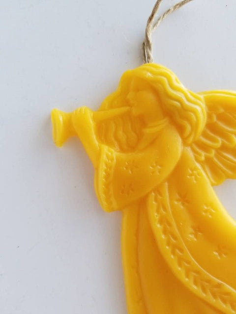 Trumpeting Angel Beeswax Ornament: Yellow, 6"x4" - Farm and Hive