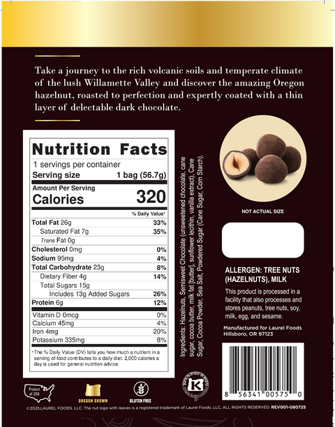 Dark Chocolate Hazelnuts, 2 oz - Laurel Foods