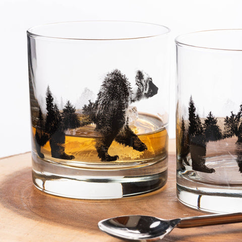 Double Exposure Bear Whiskey Glasses, 11 oz, Single - Black Lantern