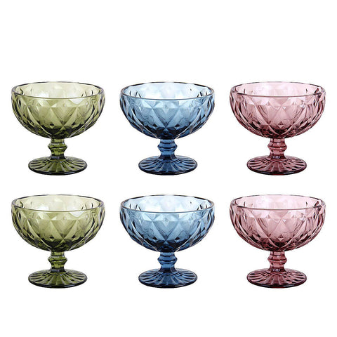 Vintage Embossed Glass Dessert Bowl, Set of 6, Mixed Color