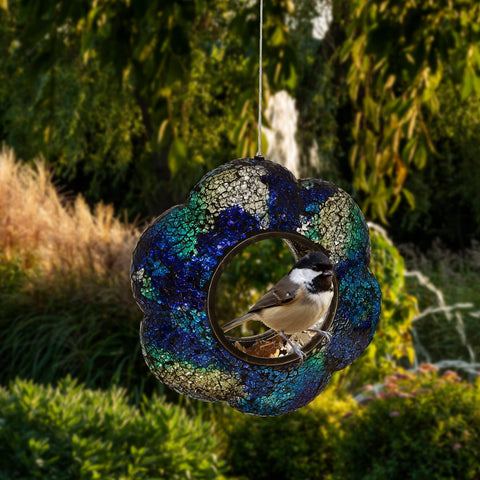 Glass Indigo Flower Mosaic Fly-Through Hanging Bird Feeder, 9" - Sunnydaze Decor