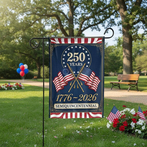 250 Years Semiquincentennial Flag, Crossed American Flags: 12"x18" - Flaidora