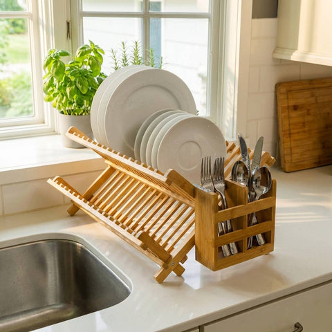 Bamboo Collapsible Drying Rack with Utensil Caddy, 9"x11"x17.5" - Bamboo Switch