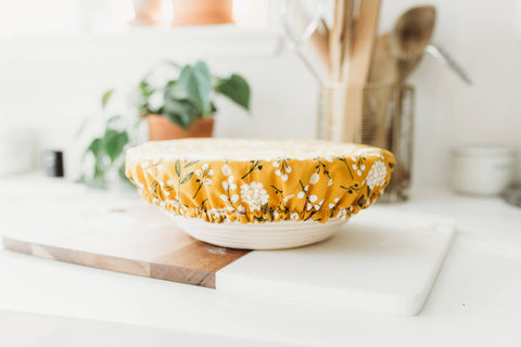 Reusable Bowl or Dish Cover, 12 in, Gold Floral - Wild Clementine Co.