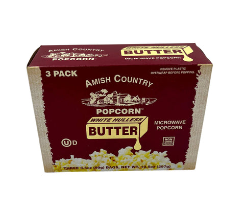 Microwave Popcorn - Buttery White Hulless, 3 pack, 3.5 oz each - Amish Country Popcorn