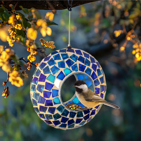 Blue Glass Mosaic Fly-Through Hanging Bird Feeder, 6.5" - Sunnydaze Decor