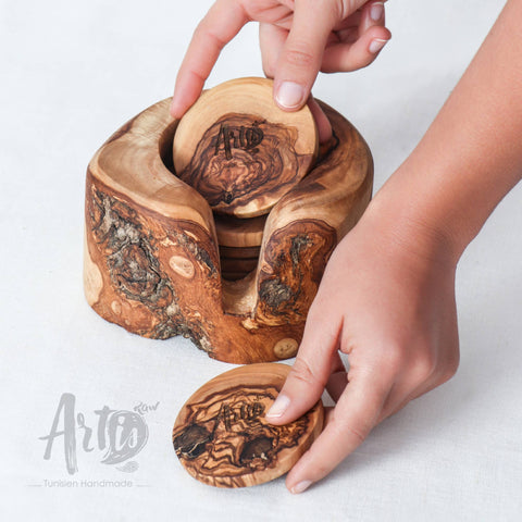 Olive Wood Coaster Set of 6 with Holder - ArtisRaw