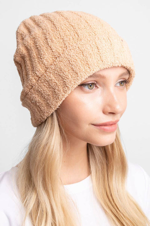 Beige Winter Solid Color Ribbed Cuff Beanie Hat: One Size - Fashion City