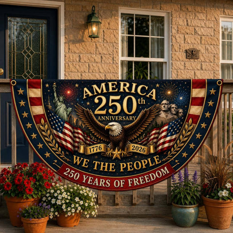 America 250th Anniversary, Bald Eagle, We The People: Semicircle Fence Flag, 24"x48"