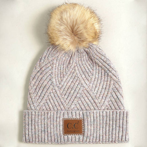 Warm Grey Heather Cuff Beanie with Pom-Pom - One Size - Fashion City