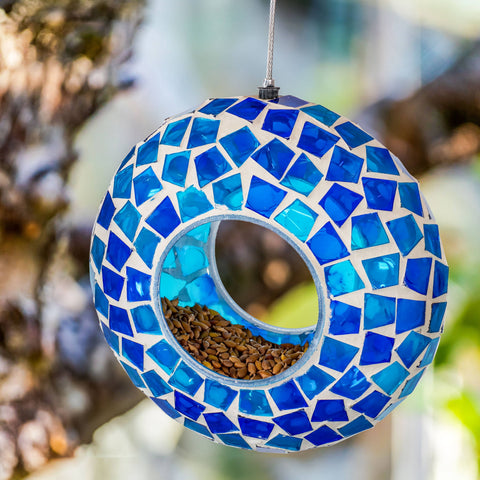 Blue Glass Mosaic Fly-Through Hanging Bird Feeder, 6.5" - Sunnydaze Decor
