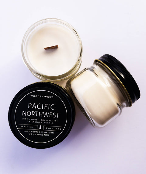 Pacific Northwest, 4 oz Soy Wax Candle, Cotton Wick - Woodsy Wicks