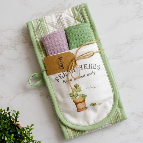 Double Oven Mitt Gift Set With Dish Cloths - Fresh Herbs - Audrey's