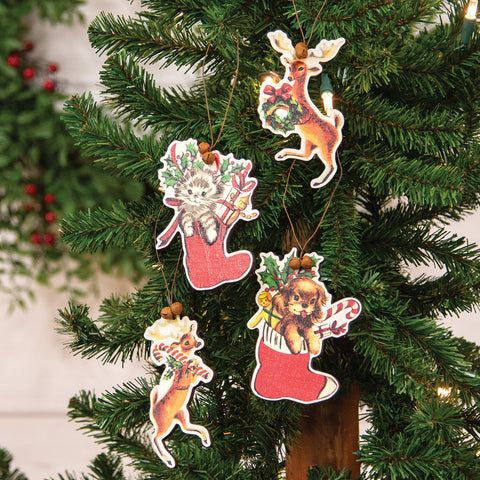 Retro Look Wooden Puppy, Kitten, & Reindeer Ornaments, Set of 4 - Col House Designs
