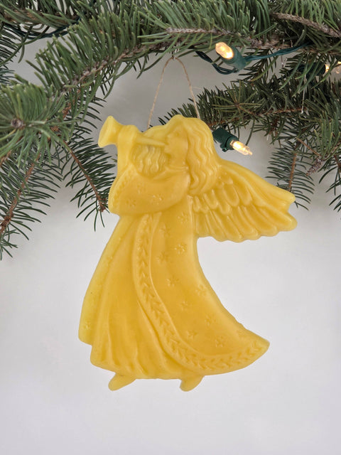 Trumpeting Angel Beeswax Ornament: Yellow, 6"x4" - Farm and Hive