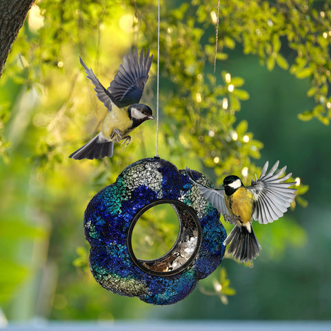 Glass Indigo Flower Mosaic Fly-Through Hanging Bird Feeder, 9" - Sunnydaze Decor