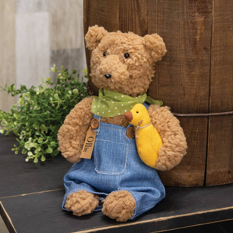 Ollie Overalls Bear Doll with Duck, 12" - The Hearthside Collection